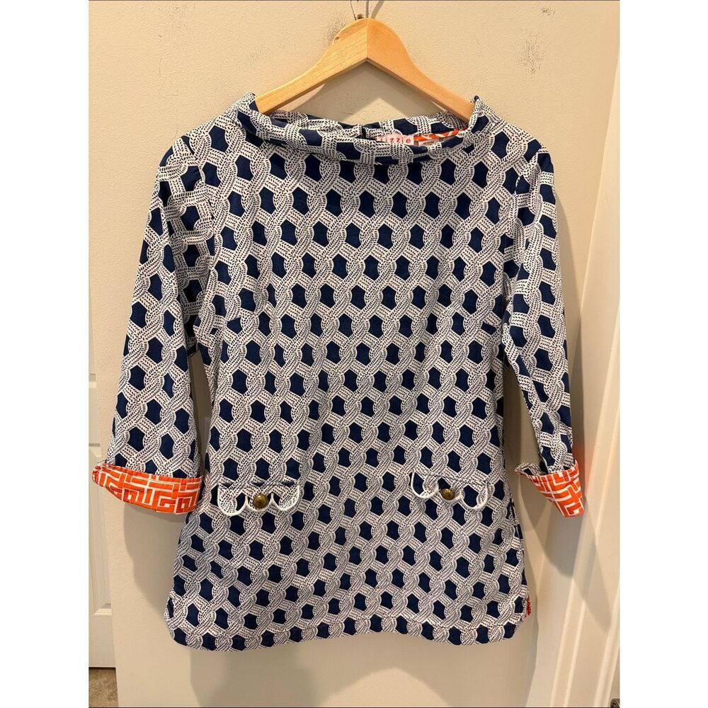 Tizzie Navy & White Geometric Tunic with Orange Accent pockets zipper size M